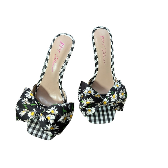 Women's Betsey Johnson Daisy Gingham Bow Heels Black White Yellow 8M - Picture 4 of 9